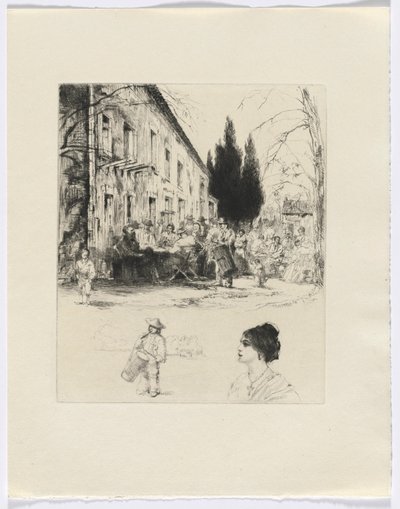 Frédéric Mistral: Mémoires et Recits de Frédéric Mistral: figuras en una mesa al aire libre/ hombre tocando el tambor y busto de mujer (insertar después de la p. 136) de Auguste Brouet