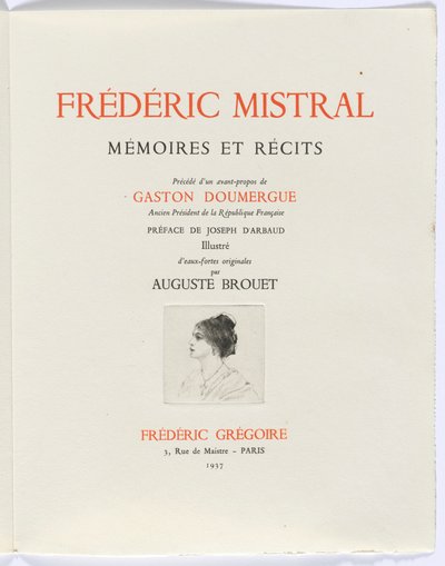Frédéric Mistral: Mémoires et Recits de Frédéric Mistral: portada, busto de mujer de perfil de Auguste Brouet