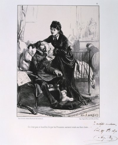 Una mujer alimentando a un soldado herido con sopa, Sitio de París, Guerra Franco-Prusiana, 1870-1871 de Auguste Bry