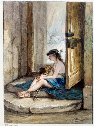 Ilustración de la fábula "El hombre que corre tras la fortuna y el hombre que la espera en su cama" de Jean de La Fontaine. Acuarela de Auguste Delierre (1829 - 1890) de Auguste Delierre