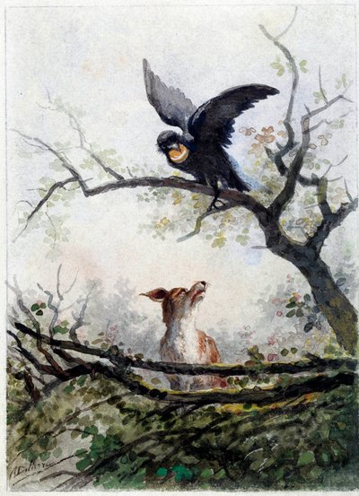 El zorro y el cuervo. Ilustración de la fábula de Jean de La Fontaine (1621-1695) de Auguste Delierre