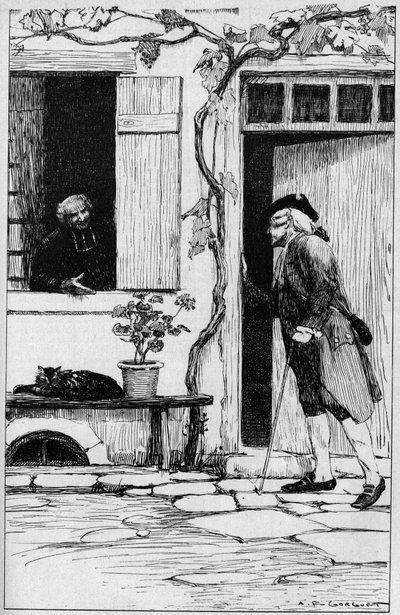 La parroquia del pueblo de Ermenonville invitando al filósofo Jean Jacques Rousseau (1712-1778) a entrar en su presbiterio. Oise (60). Ilustración de Auguste François Gorguet (1862-1927) de Auguste Francois Gorguet