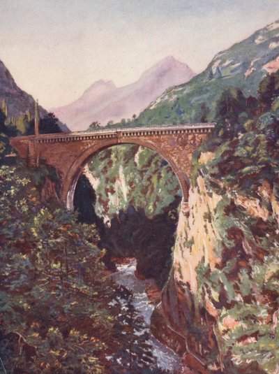 Francia: El Pont Saint-Sauveur y el Gave de Pau (litografía en color) de Auguste Gerardin