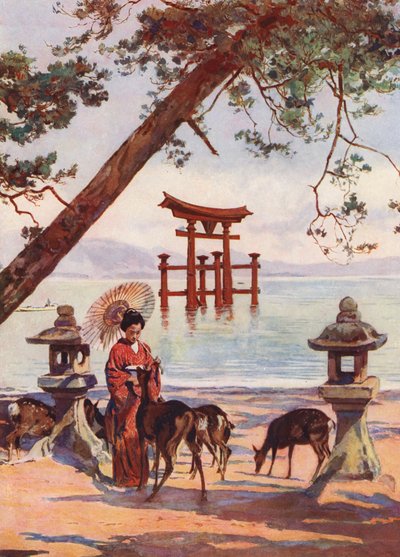 El Torii de Miyajima, Japón (litografía en color) de Auguste Gerardin