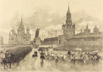 La Coronación del Zar. El Cortejo Imperial atraviesa la Plaza Real, 1883 de Auguste Lepere