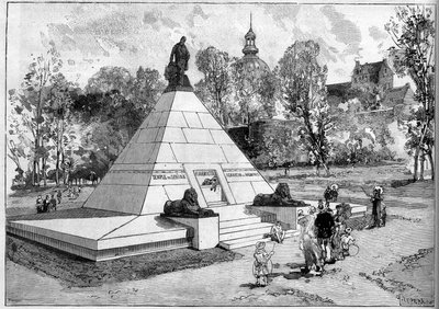 Vista del monumento erigido en memoria del egiptólogo francés Auguste-Edouard Mariette (1821-1881) en Boulogne-sur-Mer, Pas de Calais (62). Grabado de Lepere en "Le Monde Illustré" n°1322 del 29 de julio de 1882. de Auguste Lepere