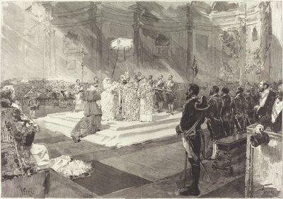 Bautismo real en la corte de España de Auguste Lepère after Daniel Vierge