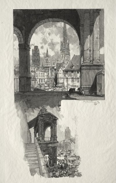 Rouen Ilustrado: Plaza de la Alta Vieja Torre; Edículo de la Fierte de Auguste Louis Lepère
