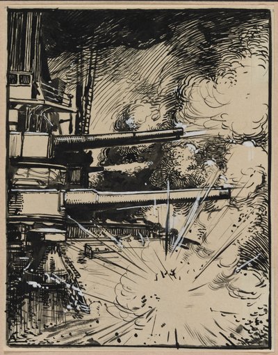 Bombe explosant sur un cuirasse aux canons braques de Auguste Louis Lepère