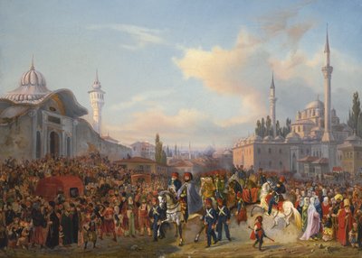 El sultán Mahmud II saliendo de la mezquita Bayezid, Constantinopla, 1837 de Auguste Etienne Francois Mayer