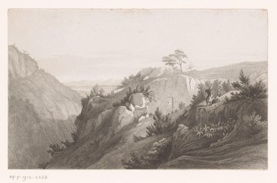Paisaje de montaña con una figura tallada en la roca y cincelada en la roca de Auguste Numans (attributed to)