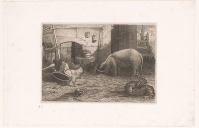 Cerdo, gallinas y conejos en un granero de Auguste Numans (attributed to)