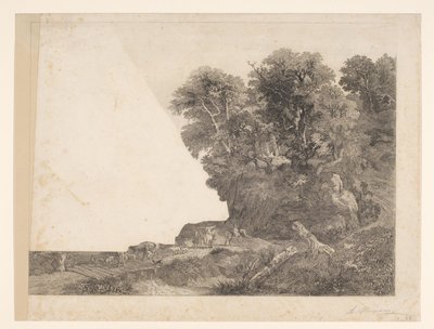 Paisaje con animales y figuras en un camino a lo largo de un río de Auguste Numans
