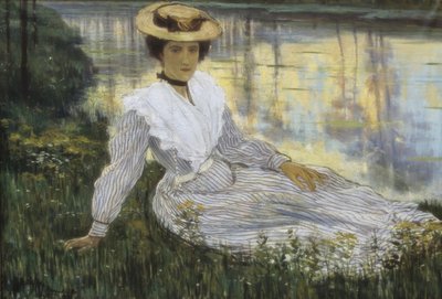 Mujer joven al borde del agua de Auguste Oleffe