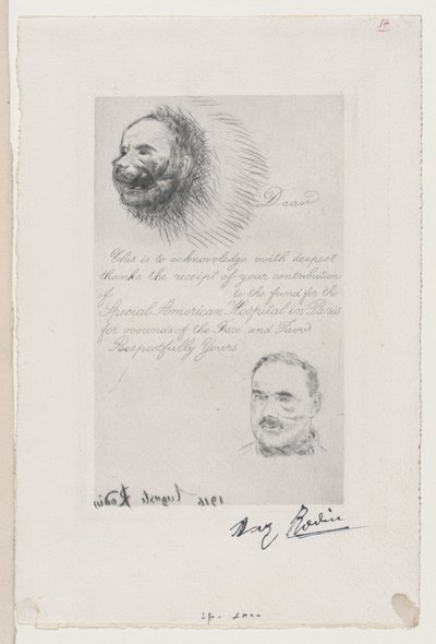 Recibo de contribución del Hospital Americano Especial en París para heridas en la cara y ..., 1916 de Auguste Rodin