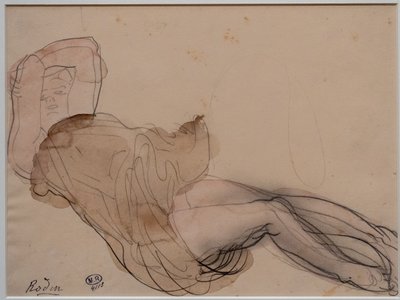 Mujer tumbada, semidesnuda y con los brazos cruzados detrás de la cabeza de Auguste Rodin