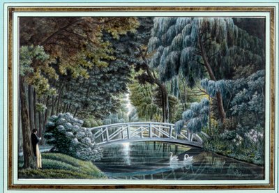 Vista del puente de madera sobre el río a la izquierda del castillo de Malmaison de Auguste Simon Garneray