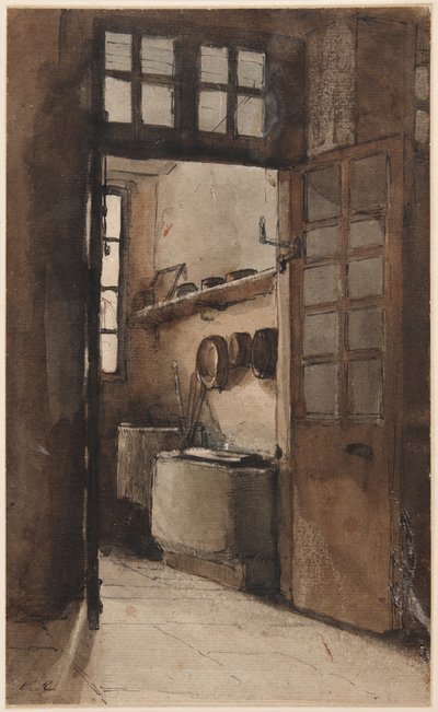 Interior de una cocina, c.1862 (pluma, tinta y acuarela) de Auguste Theodule Ribot