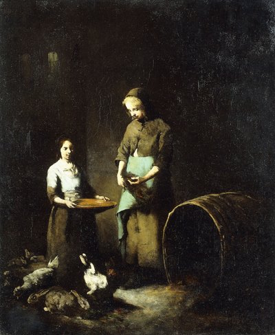 Jóvenes Campesinas Alimentando Animales de Corral de Auguste Theodule Ribot