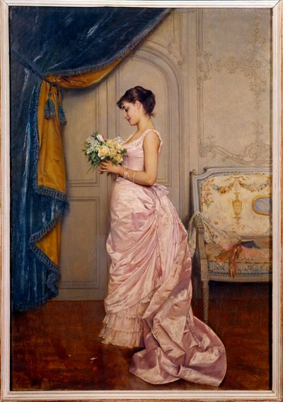 Dulce Ticket Una joven lee una carta de amor de un admirador con un ramo de flores de Auguste Toulmouche