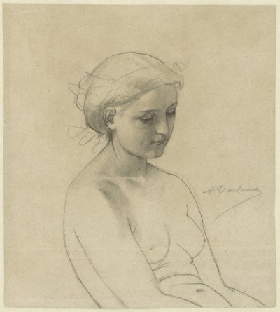 Desnudo femenino sentado, en tres cuartos a la derecha, de medio lado de Auguste Toulmouche