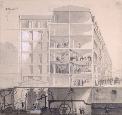 Sección transversal de viviendas de trabajadores en el XI Distrito de París, c.1875 de Auguste Victor Deroy