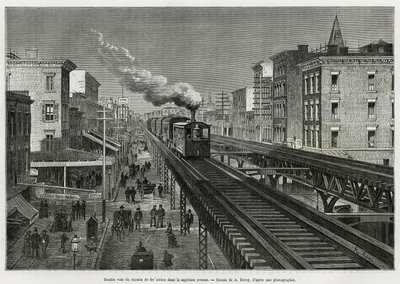 Doble vía del Ferrocarril Aéreo en la Séptima Avenida, Nueva York, Nueva York. Edouard de Laveleye, en 1878-1879, publicado en el Tour du monde, bajo la dirección de Edouard Charton (1807-1890) de Auguste Victor Deroy