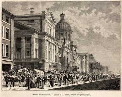 El mercado de Bonsecours, un centro turístico y cultural de Montreal, grabado según un dibujo de A. Deroy, ilustrando la excursión a Canadá y el Río Rojo del norte, por H. De Lamotte, en 1873, publicado en Le tour du monde, 1875, editado por Edouard Charto de Auguste Victor Deroy