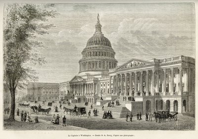 El Capitolio, sede de la legislatura, construido entre 1793 y 1830, en Washington (Distrito de Columbia), la capital de los Estados Unidos. Grabado después del dibujo de A.Deroy, para ilustrar la historia La conquista blanca, por William Hepworth Dixon, en de Auguste Victor Deroy
