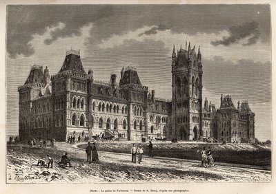 El Palacio del Parlamento en Ottawa, construido entre 1859 y 1876, grabado después de un dibujo de A.Deroy, ilustrando la excursión a Canadá y el Río Rojo del Norte, por H. De Lamotte en 1873, publicado en “Le tour du monde” 1875, editado por Edouard Chart de Auguste Victor Deroy