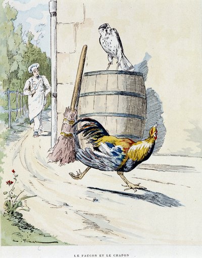 El halcón y el capón en "Fábulas de La Fontaine", ilustrado por Auguste Vimar (1851-1916), Tours, en A, Mame & Fils de Auguste Vimar