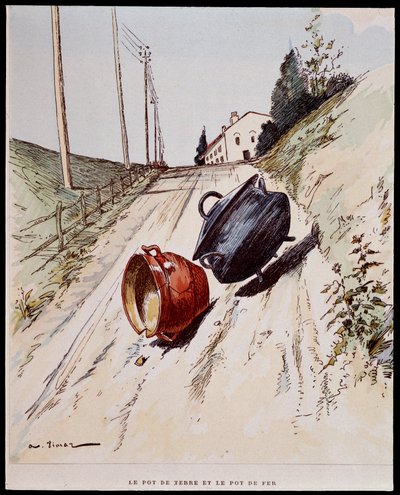 La olla de barro y la olla de hierro - en "Las Fábulas de La Fontaine", ilustrado por Auguste Vimar (1851-1916), Tours, en A, Mame & Fils de Auguste Vimar