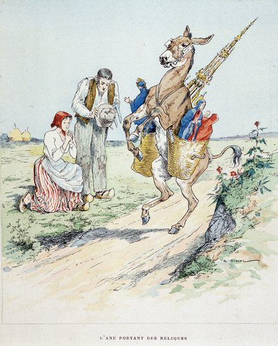 El burro portador de reliquias en “Fábulas de La Fontaine”, ilustrado por Auguste Vimar (1851-1916), Tours, en A, Mame & Fils de Auguste Vimar