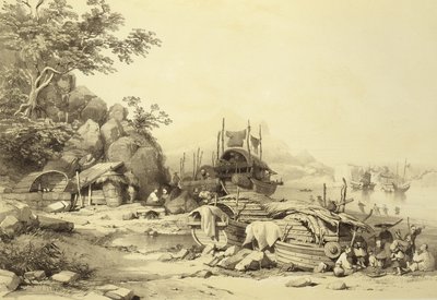 Barcos casa en la bahía de Cowloon, lámina 6 de Bocetos de China, grabado por Eugene Ciceri, 1842 de Auguste after Borget