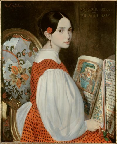 Retrato de Leopoldine Hugo (1824-1843) en el libro de Horas el 28/08/1835. Retrato de la hija de Victor Hugo el día de su primera comunión. de Auguste de Chatillon