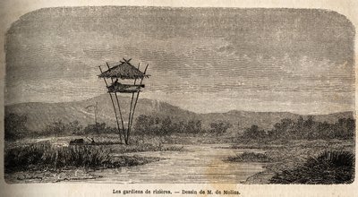 Un guardia de arroz, cerca de Batavia (actual Yakarta). Dibujo de M. de Molins, para ilustrar su viaje a Java de Auguste de Molins