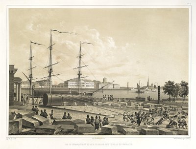 Descargando dos columnas en el Almirantazgo De: La construcción de la Catedral de San Isaac, 1845 de Auguste de Montferrand