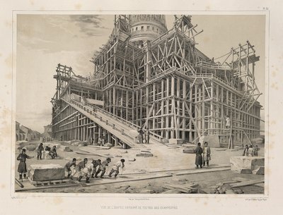 Vista de la Catedral rodeada de andamios de madera (De: La construcción de la Catedral de San Isaac, 1845) de Auguste de Montferrand