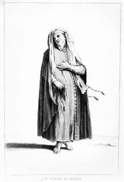 Un hombre judío francés vestido para la oración, ilustración del Dictionnaire Historique de la Bible, 1722 de Augustin Calmet