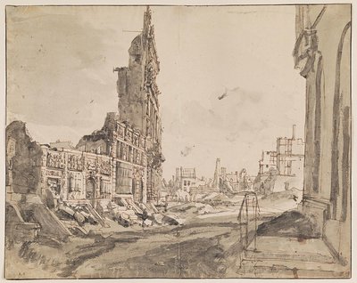 Vista de las esquinas noreste y noroeste de la Grand Place después del bombardeo en 1695 de Augustin Coppens
