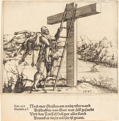 Cristo ascendiendo a la cruz con el pecado, la muerte y el diablo de Augustin Hirschvogel
