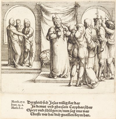 Cristo es burlado, y Caifás rasga sus vestiduras, 1549 de Augustin Hirschvogel