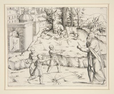 Elijah burlado por las niñas de Augustin Hirschvogel