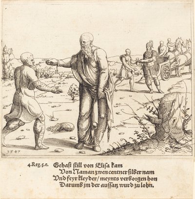 Eliseo castiga a Giezi con la lepra de Naamán, 1547 de Augustin Hirschvogel