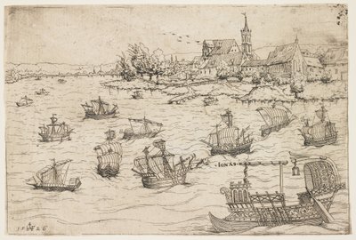 Jonás y la ballena en un lago con embarcaciones de vela, 1546 de Augustin Hirschvogel