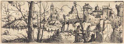 Paisaje con castillo a la derecha, rodeado de rocas, 1546 de Augustin Hirschvogel