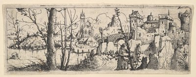 Paisaje con fuerte y una iglesia en un río de Augustin Hirschvogel