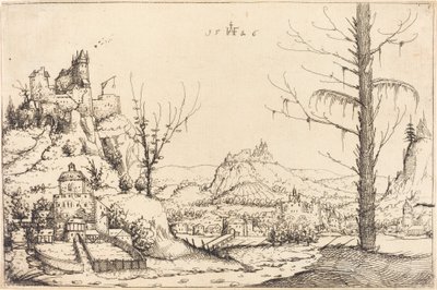 Paisaje con altos acantilados, río y ciudad de Augustin Hirschvogel