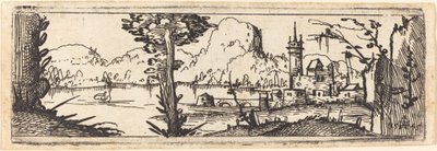 Paisaje con lago y ciudad, 1545 de Augustin Hirschvogel
