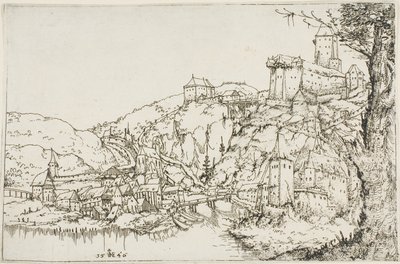 Paisaje con río, ciudad y castillo de Augustin Hirschvogel